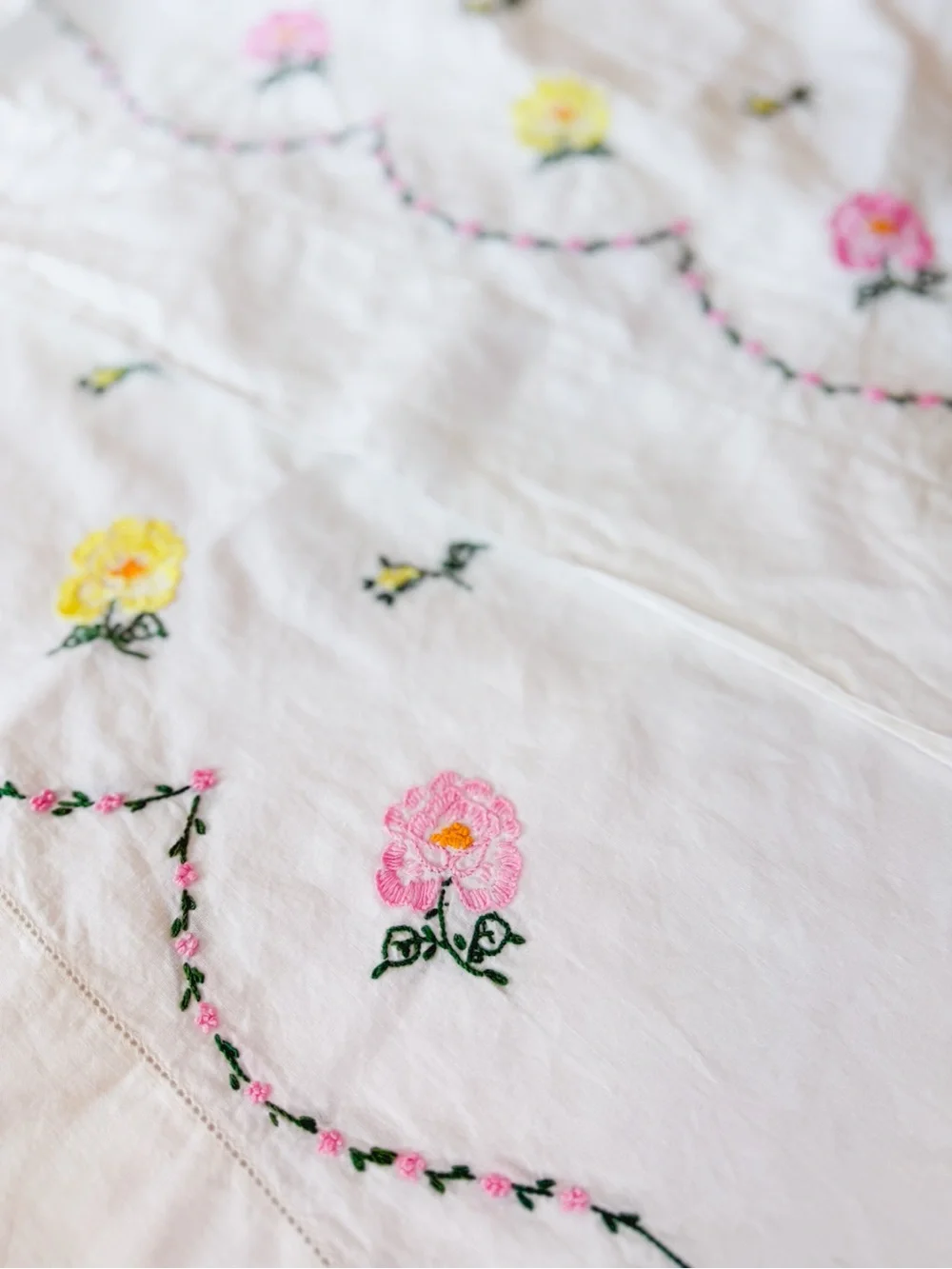 Hand Embroidered Floral Pillowcase Set with Pink and Yellow Blooms